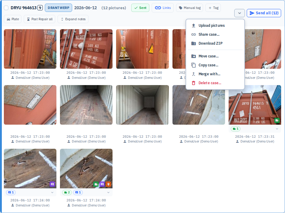 Screenshot 11: Case card with the "More" menu open, showing all available actions (Upload, Share, Download ZIP, Move, Copy, Delete).