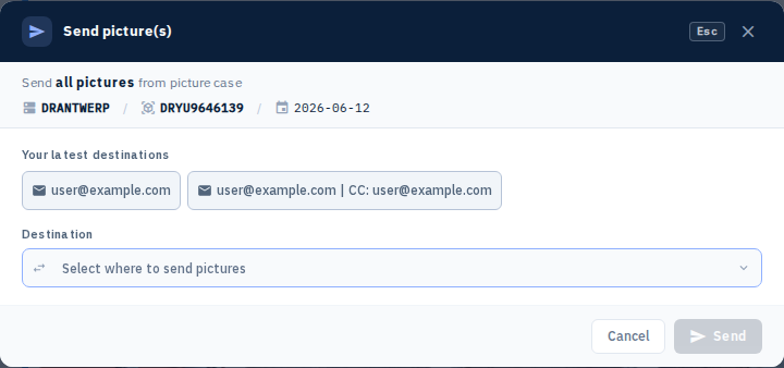 Screenshot 17: Case card showing the "Send" button with tooltip, and the Send To modal opening.