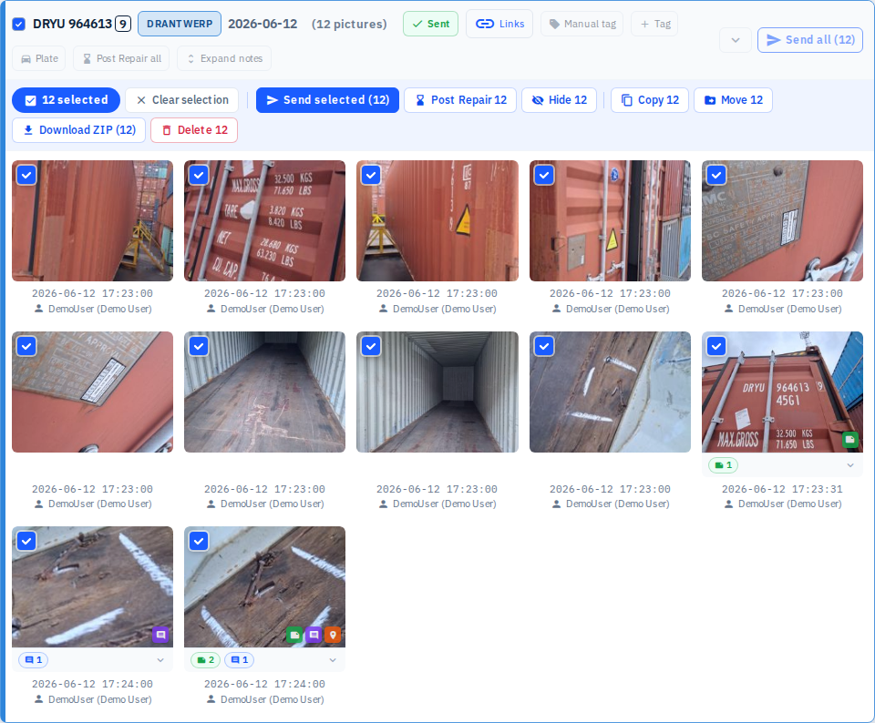 Screenshot 18: Case card with multiple pictures selected, showing checkmarks on selected thumbnails and the selection bar visible.