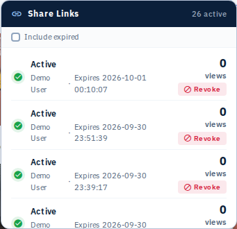 Screenshot 21: Share links popup showing links with URLs, expiry dates, and action buttons.