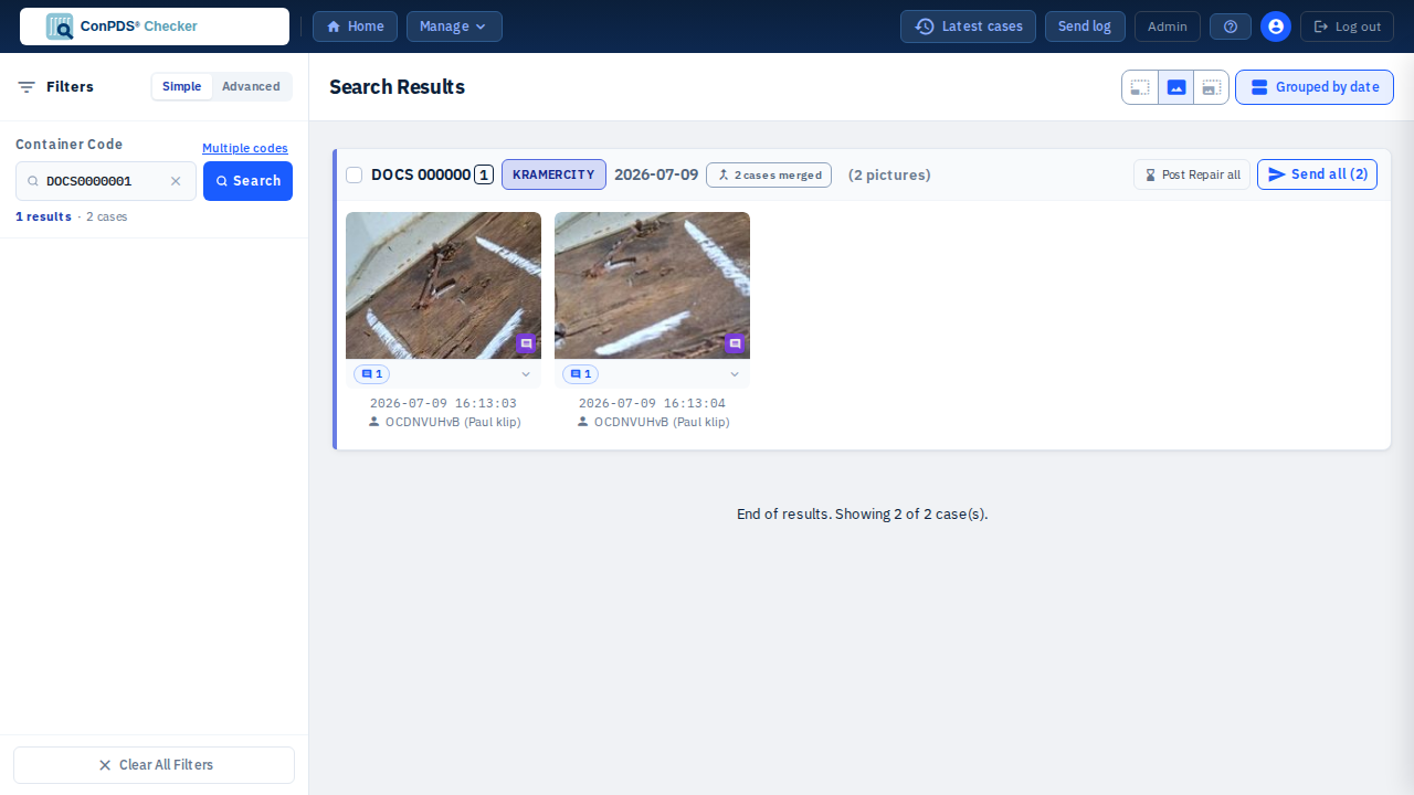 Screenshot: Gallery header showing the view-mode toggle button set to "Grouped by date", and below it a merged case card with the "2 cases merged" badge combining two sibling cases' pictures into one grid.