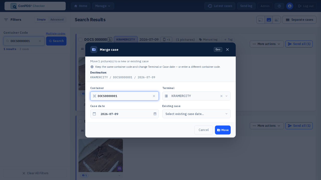 Screenshot: "Merge with..." destination picker pre-filled with this case's terminal, container, and date, with an "Existing case" selector to target a specific sibling case.