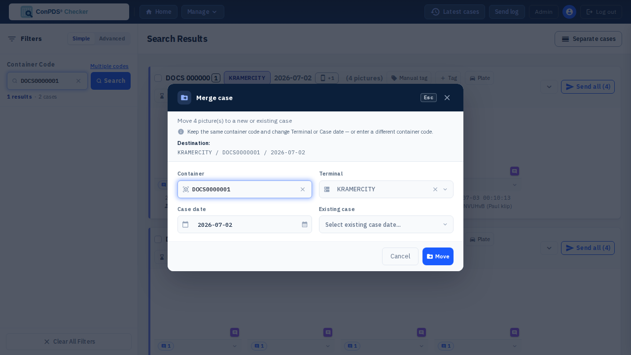 Screenshot: "Merge with..." destination picker pre-filled with this case's terminal, container, and date, with an "Existing case" selector to target a specific sibling case.