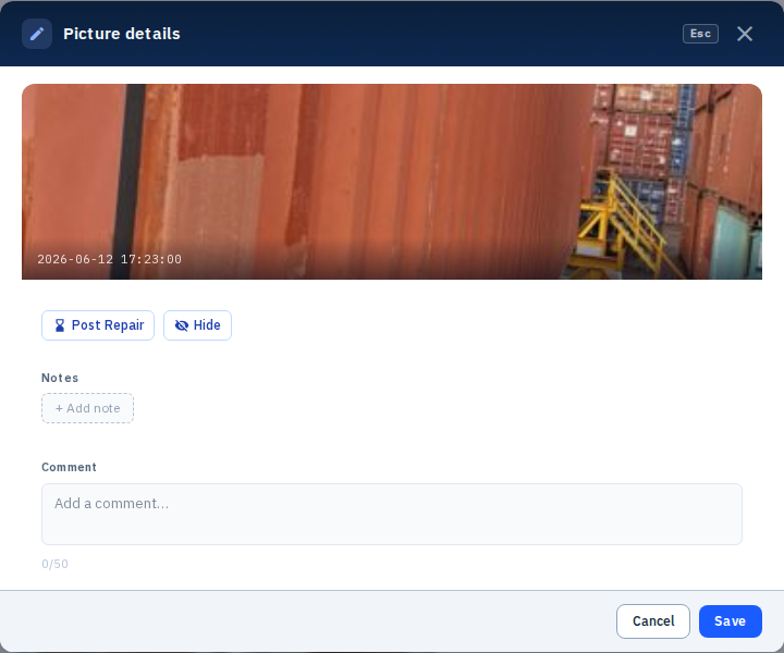 Screenshot 6: Picture edit modal showing remark/comment field.