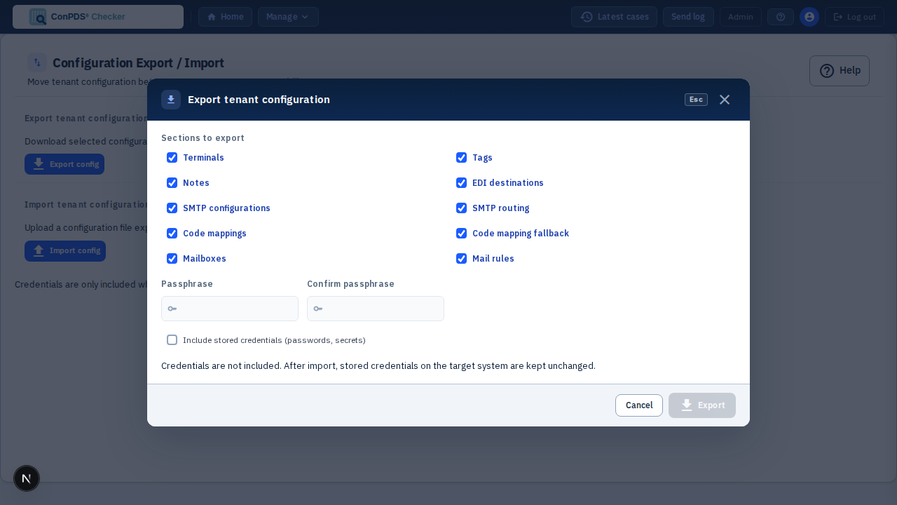Export tenant configuration dialog
