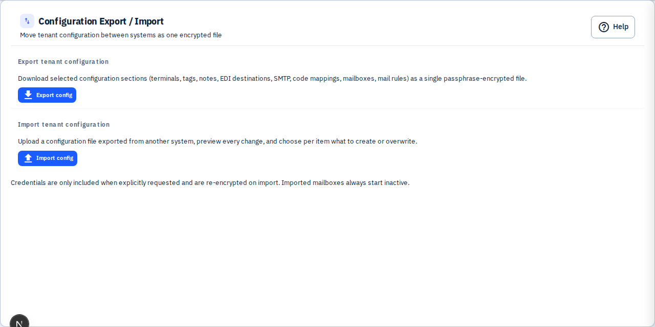 Configuration Export / Import page