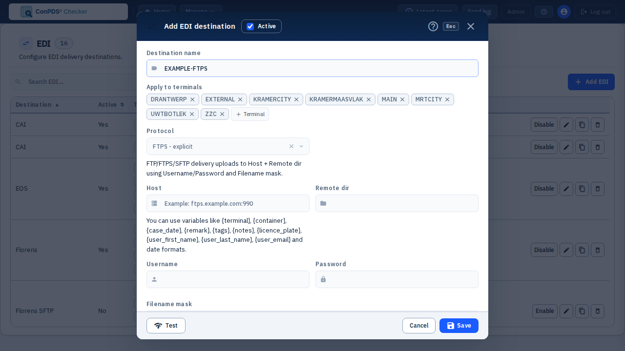 Add FTPS EDI destination