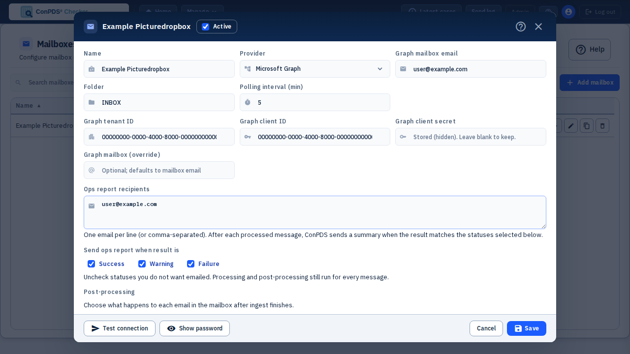 Mailbox editor with ops report recipients
