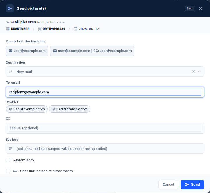 Screenshot 10: Email composition fields fully filled: To with multiple chips, CC with one chip, Subject filled, Body enabled with text.