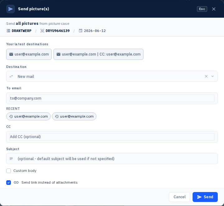 Screenshot 11: Email composition showing the "Send link instead of attachments" toggle enabled, with expiry days and notify options visible.