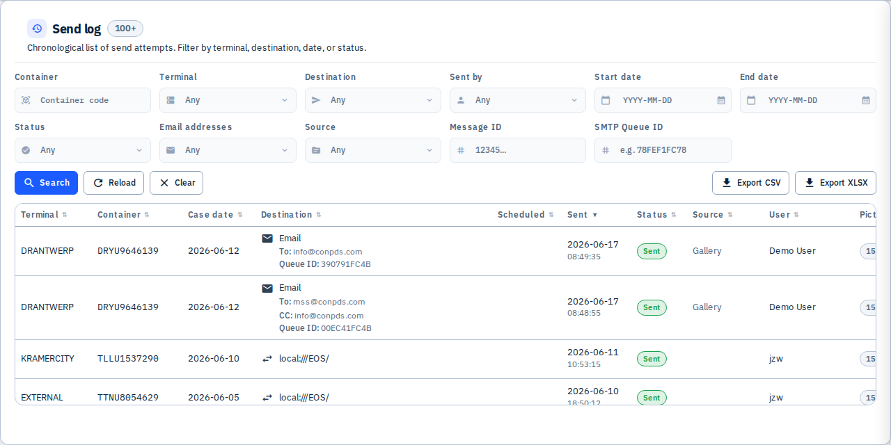 Screenshot 19: Send Log showing a failed send entry with "Retry" button.